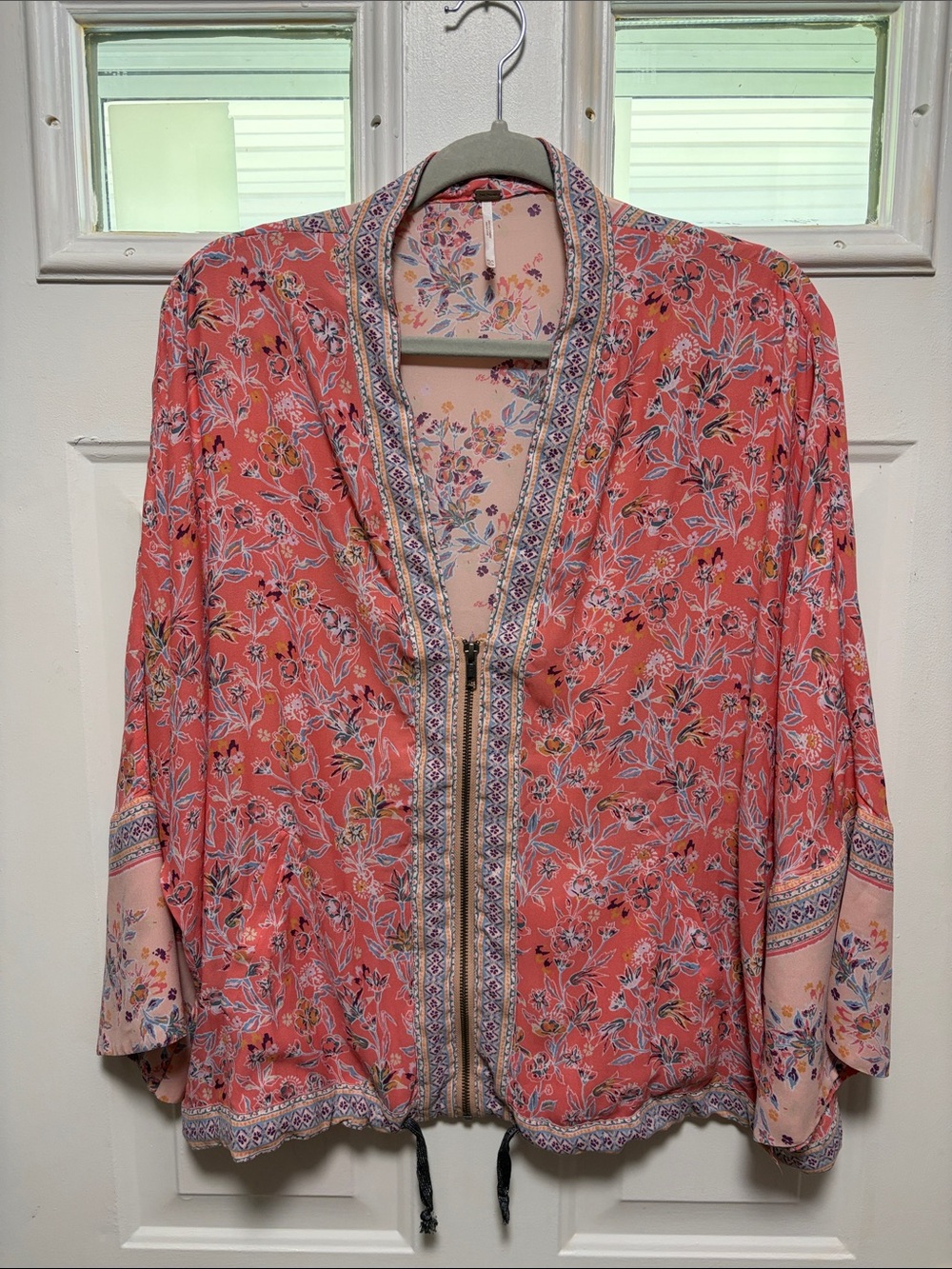 Free People Coral Floral Zip-Front Short Cardigan